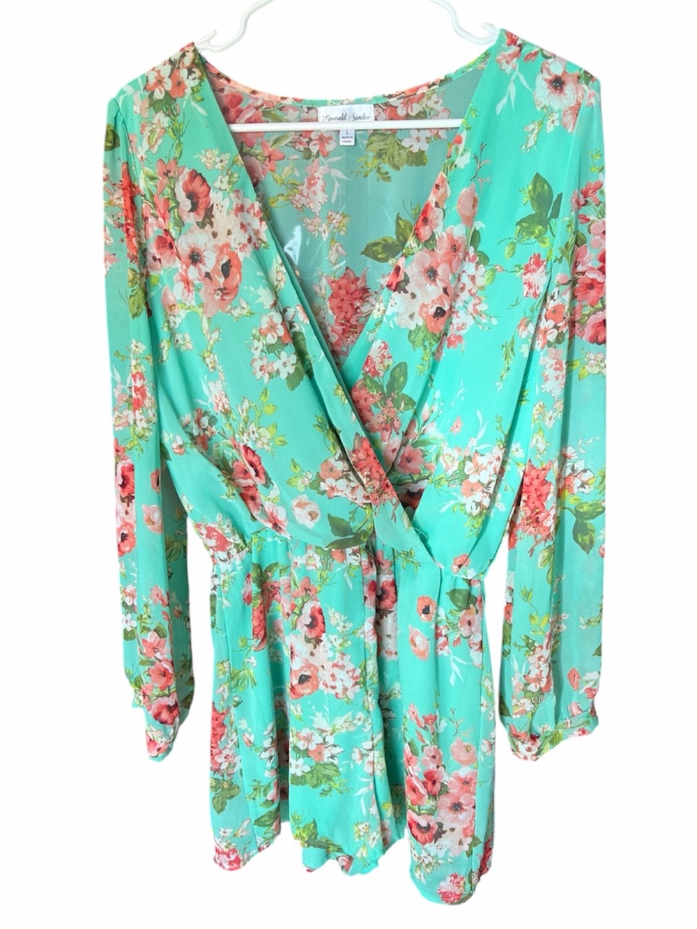 Emerald Sundae Mint Floral Wrap Romper with Coral Blooms